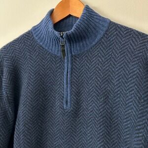 RODD & GUNN Mens L Italian Yarn Lambswool 1/4 Zip Sweater Blue Herringbone